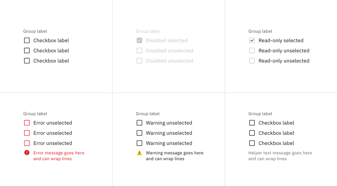 Enabled, disabled, read-only, error, warning and helper text states for checkbox group Enabled, disabled, read-only, error, warning and helper text states for checkbox group