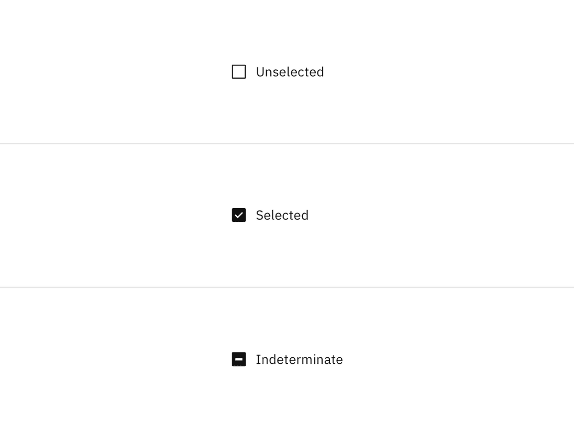 Unselected, selected, and indeterminate states of checkbox. Unselected, selected, and indeterminate states of checkbox.
